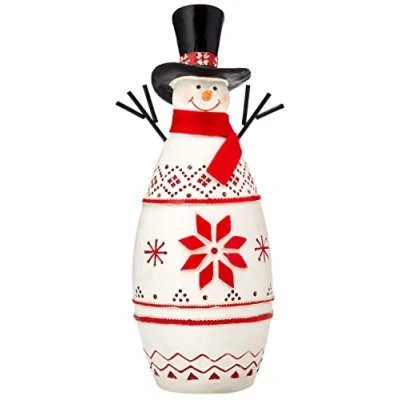 Image of FESTIVE PRODUCTIONS Polyresin White Snowman with Red Detail, Microfibre, 16 x 8.2 24.9 cm