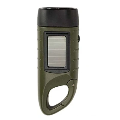 Image of Hand Crank Solar Powered Rechargeable LED Camping Emergency Flashlight Torch Portable Carabiner Energy for Climbing Hiking Green