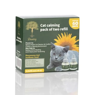 Image of Daintry Cat Calming Diffuser with Feline Pheromones, Sunflower Scent, Stress &amp; Anxiety Relief for Cats, 30 Day 2 x 48 ml Refills, Easy Plug In Solution Calming. not include