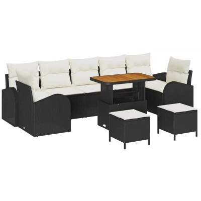 Image of vidaXL 10 Piece Garden Sofa Set with Cushions Black Poly Rattan Acacia