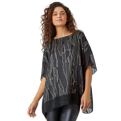 Image of Roman Originals Overlay Top for Women UK Ladies Summer Blouse Spring Everyday Holiday Autumn Work Winter Round Neckline Comfy Pull On Soft Vacation 3/4 Length Sleeves Metallic Black Size 12