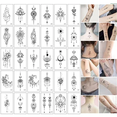 Image of 30 Sheets Waterproof Realistic Space Planets Chain Temporary Tattoos Set,Moon Stars Constellations Flowers Fake Tattoo Sticker for Kids Adults Men and Women Boys Forearm Body