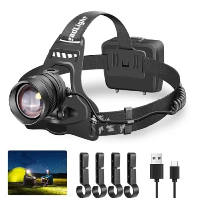 Image of WholeFire LED Head Torch XHP50 Super Bright 5000 Lumens, USB Rechargeable 3 Modes Powerful Headlamp Waterproof Zoom for Running Hunting Camping, Helmet Hooks and Batteries Included