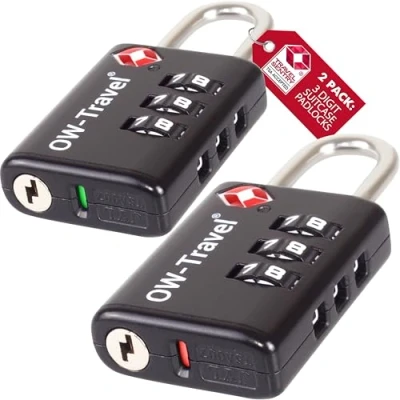 Image of OW Travel TSA Approved Luggage Locks Suitcase with Indicator Open Alert (2 Pack) 3 Digit Security Padlock Combination Padlocks Code Lock for Zipper Bag Case Backpack Gym Locker (Black)