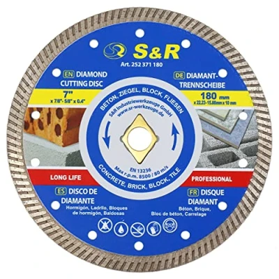 Image of S&amp;R Turbo Diamond Cutting Disc 180 mm / 7 Inch (180 x 10 22.2 15.88 mm) with Rhombus Hole and Reducer for Concrete, Brick, Masonry, Tiles