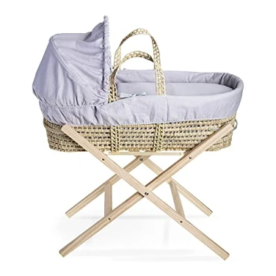 Image of Clair de Lune Cotton Dream Palm Moses Basket with Natural Folding Stand Grey 75 x 28 cm