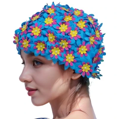 Image of Medifier Swim cap Floral Petal Retro Style Bathing Caps for Women Blue