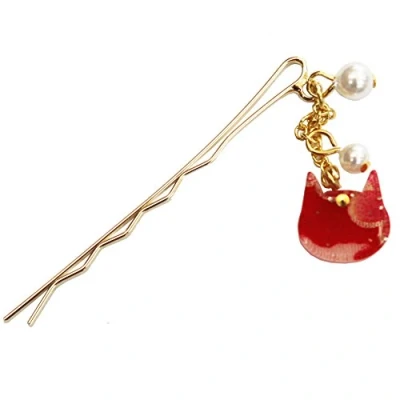 Image of Japanese Chirimen Made Cat Design Hair Pin