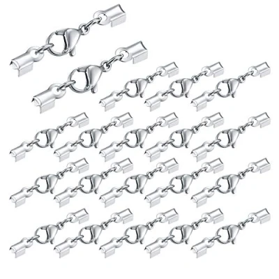 Image of 20 Pcs Lobster Claw Clasps with Cord Ends, Stainless Steel Necklace Jewellry Making Clasps, Caps Connector for Necklace, Bracelet, DIY Craft Jewellery Silver/32 * 4 mm