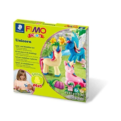 Image of STAEDTLER 8034 19 LYST Unicorn Fimo Kids Form&amp;Play Set (Super Soft, Oven Hardening Clay, Easy Instructions, resealable Box, of 4 Blocks, 1 Modelling Stick and Play Background)