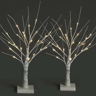Image of NETTA Set of 2 Twig Birch Tree with Lights Christmas Ornament Pre Lit 24 Warm White LEDs Battery Powered Tabletop Decoration (60cm/2ft)