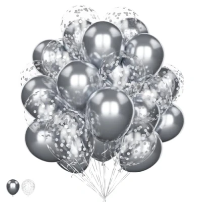Image of Silver Balloons Set, 20Pcs 12 Inch Metallic Chrome and Confetti Helium Latex Pack for Birthday Wedding Anniversary Graduation Baby Shower Party Decorations
