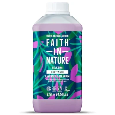Image of Faith In Nature Natural Lavender &amp; Geranium Body Wash, Relaxing Shower Gel, Vegan Cruelty Free, No SLS or Parabens, 2.5L Refill