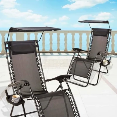 Image of Garden Mile Zero Gravity Chair Set of 2 Heavy Duty Textoline Outdoor &amp; Sunloungers Reclining Folding with Cup Holder and Headrest Pillow