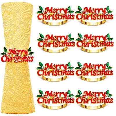 Image of KAHEIGN 8Pcs Christmas Napkin Rings, Gold Merry Holders Xmas Buckle with Rhinestone for Lunch Thanksgiving Party Holiday Wedding Table Decoration (6cm x 2.5cm)
