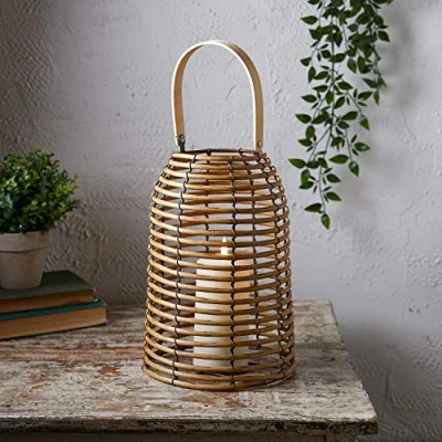 Image of Lights4fun Rustic Rattan Decorative Lantern TruGlow® Pillar Candle Battery Operated with Timer Indoor &amp; Outdoor Use 30cm