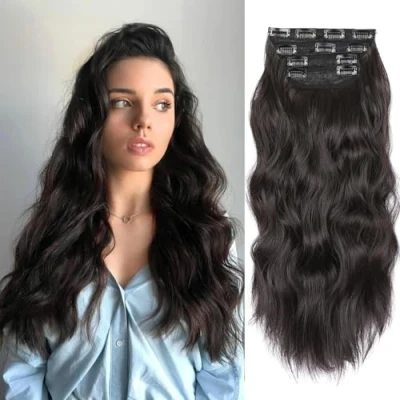 Image of 4PCS Hair Extensions Clip in, 20 Inches Long Curly in Extension, Synthetic on Extensions, Soft Wavy Brown (Color:Natural Black)
