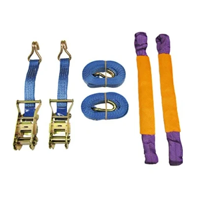 Image of x2 35MM 4M Ratchet Recovery Straps Round Slings Alloy Wheel Tie Down Trailer Kit