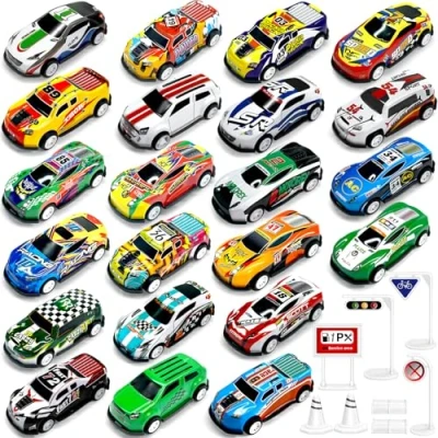 Image of TOYABI 22Pcs Toy Cars with 8 Roadblock, Metal Shell Race Car Set for Kids, Mini Pull Back Playset, Micro Machines Vehicles Toys, Christmas Birthday Party Gifts 3 4 5 6 7 Year Old Boys &amp; Girls