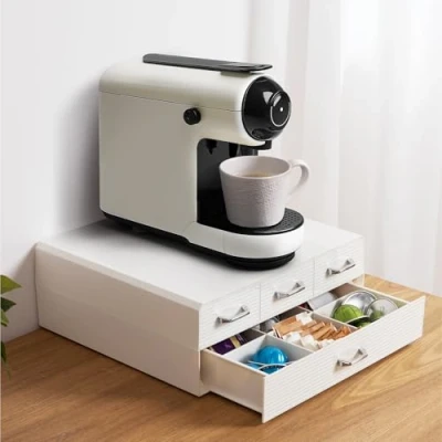 Image of Navaris Coffee Pods Holder in Cream Machine Stand and Pod Capsule Storage Drawer Holders with 4 Drawers for Maximum Organisation Easy to Clean Modern Design