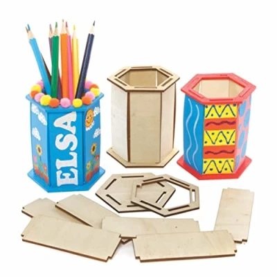 Image of Baker Ross FE522 Hexagon Wooden Pencil Pot Kits Pack of 3, Pen Holder, Paint Your Own Crafts for Children