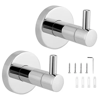 Image of JEUIHAU 2 Pack Stainless Steel Towel Hooks, Silver Chrome Bathroom Wall Mounted Robe Hook Door Hooks with Mounting Accessories for Bathroom, Kitchen, Bedroom, Office