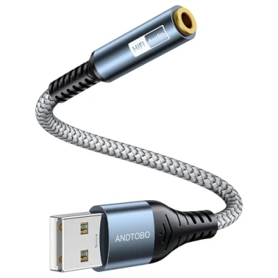 Image of ANDTOBO USB to 3.5mm Audio Jack Adapter, AUX External Stereo Sound Card Adapter with Converter for Headphone, Headset, Speaker, PS4, PC, Laptop, Desktops