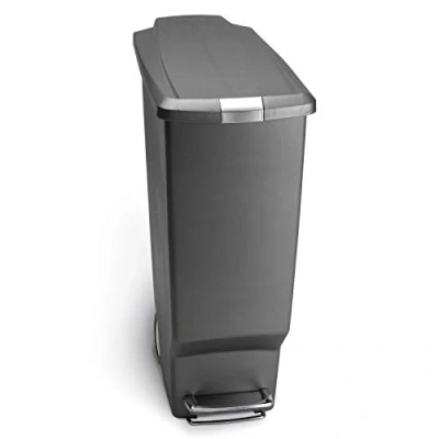 Image of simplehuman CW1363 40L Slim Recycling Kitchen Pedal Bin with Lid Lock, Silent Soft Close Lid, Built In Wheels, Stay Open Grey Plastic, W 26.0cm x H 64.0cm D 49.0cm