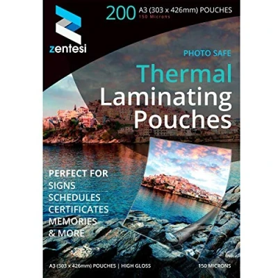 Image of Zentesi A3 Laminating Pouches High Gloss Laminator Sheets 150 Micron (75 + 75 Microns) Glossy Laminate Pouch Sleeves Pack of 200