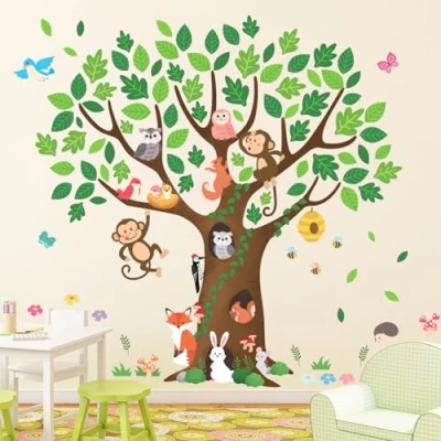 Image of DECOWALL SG 2211 Giant Tree Kids Wall Stickers Decals Peel and Stick Animals Removable for Nursery Bedroom Living Room Playroom Art murals Decorations Monkey