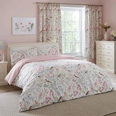 Image of Dreams &amp; Drapes Pink Floral Bird Duvet Cover Super King Bedding Size (260 x 220cm) Reversible (2 Designs) 3 Pieces Vintage in Spring Garden Flower