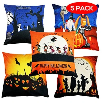 Image of THE TWIDDLERS 5 Pieces Halloween Cushion Covers Soft Linen Throw Pillow Case, Assorted Designs 44 x 44cm
