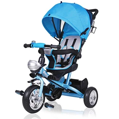 Image of Spielwerk® Children&#039;s Blue Tricycle With Safety Belt Push Rod Detachable Adjustable Footrest Roof Removable Basket Bicycle Trike Bike Stroller Childs Kids Toddlers Baby