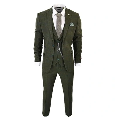 Image of Men&#039;s 3 Piece Suit Wool Tweed Green Blue Brown Check 1920s Gatsby Formal Dress Suits Olive 52