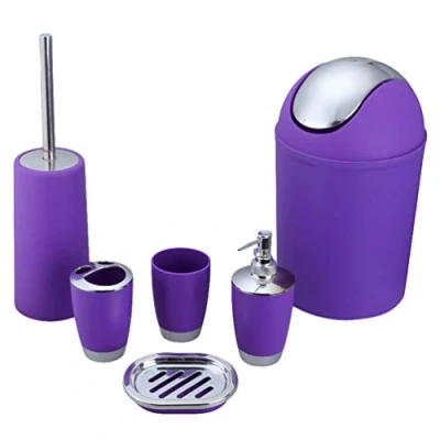 Image of MisFox 6 Pieces Bathroom Accessory Set, Modern Stylish Design Solid Color Toilet Accessories Set Include Lotion Dispenser, Trash Can, Toothbrush Holder, Tooth Mug, Brush &amp; Soap Dish Purple