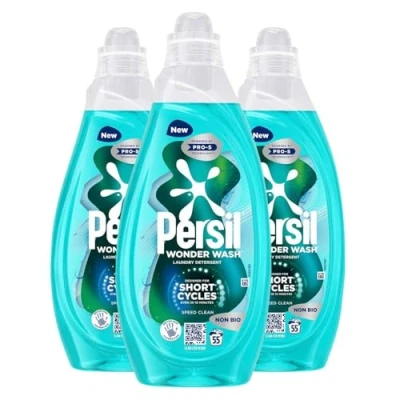 Image of Persil Wonder Wash Liquid Detergent Stain Removal Designed for Shortest Cycles Even in 15 Minutes Fast Acting Formula with PRO S Technology 55 Washes 1.485 Litre (Pack of 3, Speed Clean)