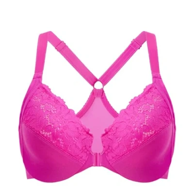 Image of Delimira Women&#039;s Front Fastening Bra Racer Back Lace Plus Size Non Padded Underwired Glitter Pink 48DD