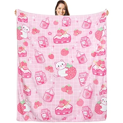 Image of Mufunne Cat Strawberry Blanket, Cute Kawaii Throw Blankets, Milk Cake Flannel Cozy Soft Lightweight Pink Plush Stuff Decor, 50x60 inch