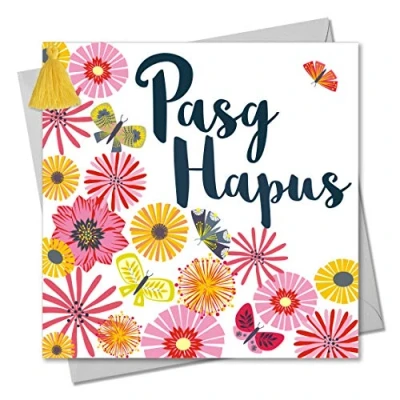 Image of Claire Giles Tassel Embellished Welsh Language Easter Greeting Card, Tumbling Flowers with Butterflies, Pasg Hapus