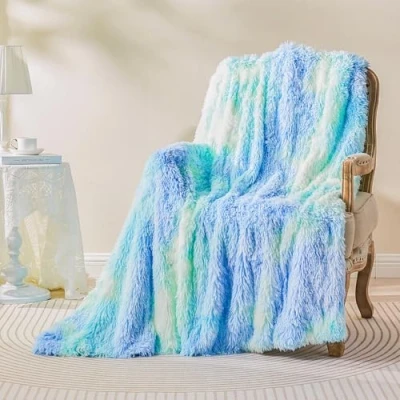 Image of EMME Faux Fur Blanket Fluffy Blanket, Super Soft, Thick and Elegant, Long Hair Shaggy Warm Cozy Reversible for Sofa Bed (Dye Tie Green Blue, 130x 150 cm)