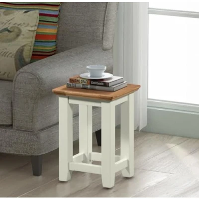 Image of Hallowood Furniture Clifton Oak Green Off White Coffee Table, Small Occasional Solid Wooden Table with Light Top, Narrow Side and Lamp for Bedroom Living Room