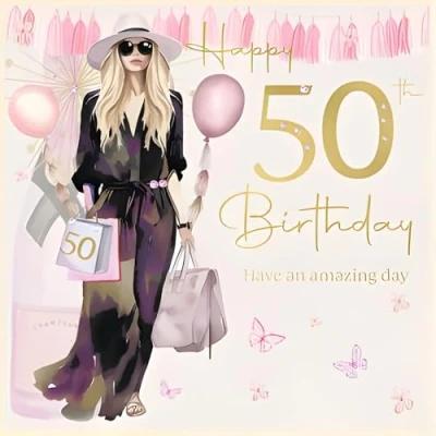 Image of Female 50th Birthday Card for Her Age 50 Special Finishes and Embellishments Stylish Feminine Design Made in the UK Eco Friendly