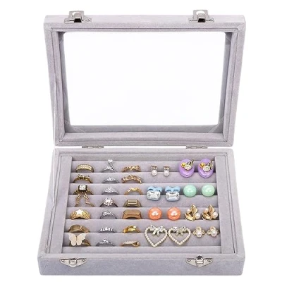 Image of Kurtzy Grey Velvet Jewellery Display Box 7 Slot Ring and Earring Storage Organiser Holder Showcase/Display Tray