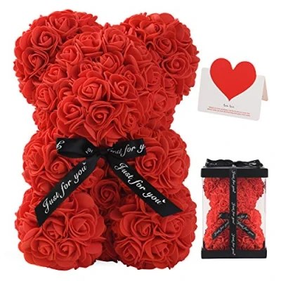 Image of FVXR Rose Bear, Teddy Bear 10 Inch Dozen Flowers Artificial Plants Decorations, Gift for Valentines Day, Mothers Christmas,Birthday,Wedding Party Decorations with Clear Box (06 Red)