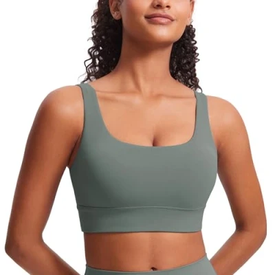 Image of CRZ Yoga Womens ButterLuxe U Back Sports Bra Padded Low Impact Crop Top Workout Sport Grey Sage L