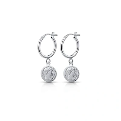 Image of Amberta Women 925 Sterling Silver Dangle Hoop Earrings: Coin Charm Earrings