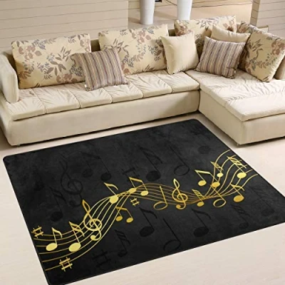 Image of Use7 Gold Music Notes Black Area Rug Rugs for Living Room Bedroom 160cm x 122cm(5.3 4 feet)
