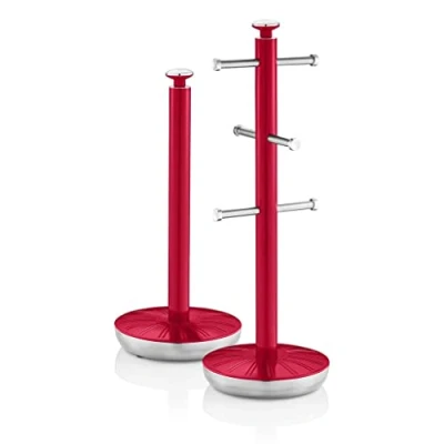 Image of Swan SWKA1054RN Retro Towel Pole and Mug Tree, Weighted Base, Kitchen Storage Set with Chrome Accents, Red