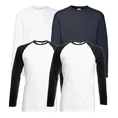 Image of Fruit of the Loom Men&#039;s Valueweight Long Sleeved Sports Top, 2 Base Whiteblack + 1 Ls White Deep Navy Purchase Notepad, L