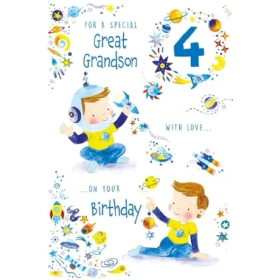 Image of Paper Rose Special Great Grandson 4th Birthday Card Age 4 Cute Boy playing with toys Spaceship &amp; Planets Design Foil Details Eco Friendly and Recyclable